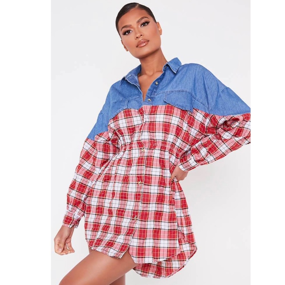 Red Contrast Denim Shirt Dress